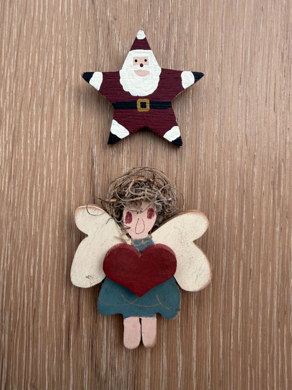 Vintage Brooch Pin Lot of 2 Jewelry Wood Christmas Holiday Santa Claus Angel